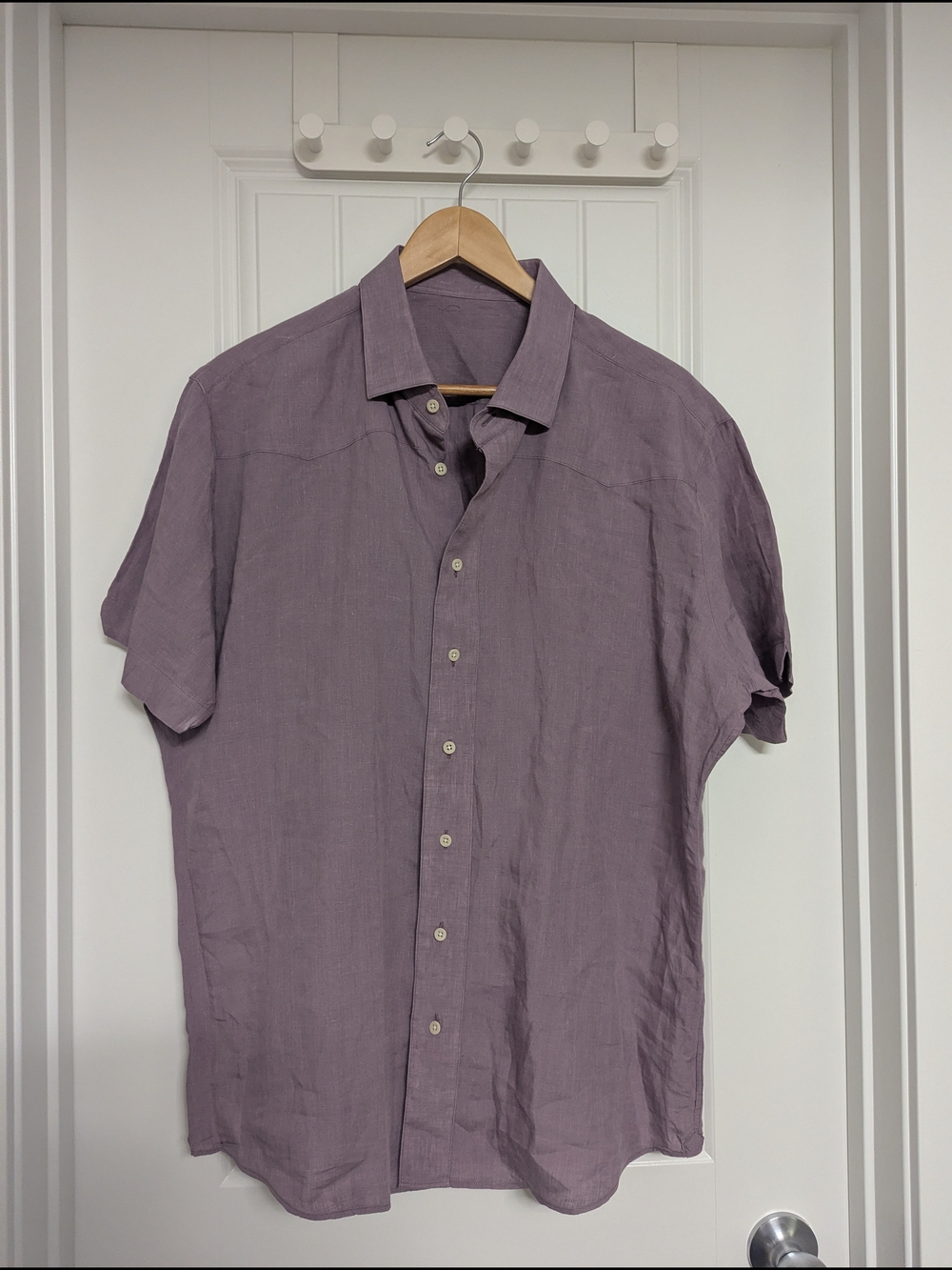 Short-Sleeve Linen Button-Up Shirt — Mauve Size XL